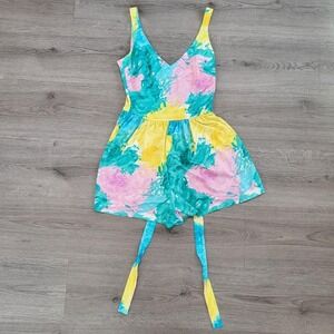 Vintage Mainstream Abstract Watercolor Swimsuit Playsuit One Piece Size 14 80s